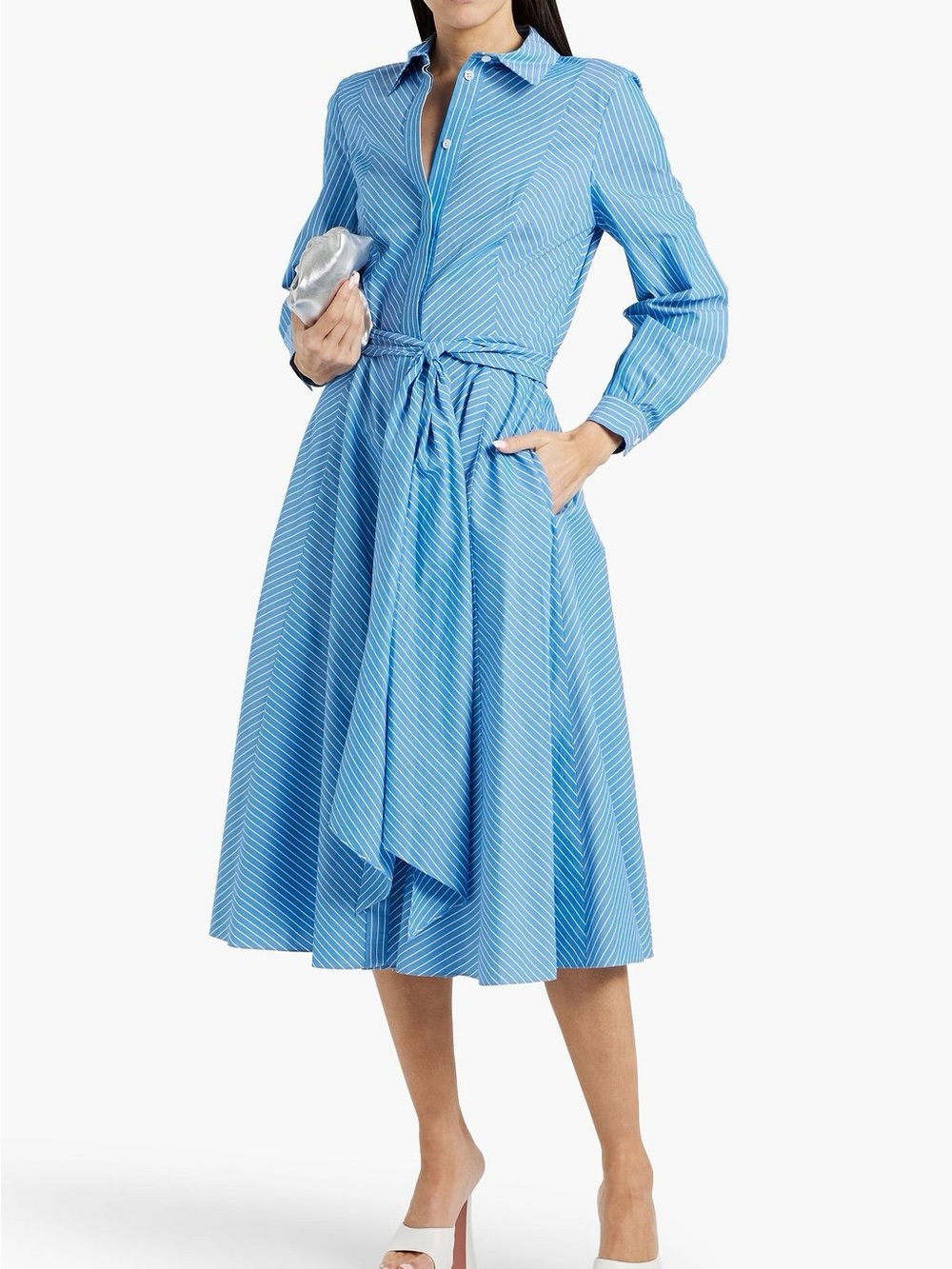 NWT Carolina Herrera Belted Striped Cotton Poplin Midi Shirt Dress Size 10 - Picture 4 of 4